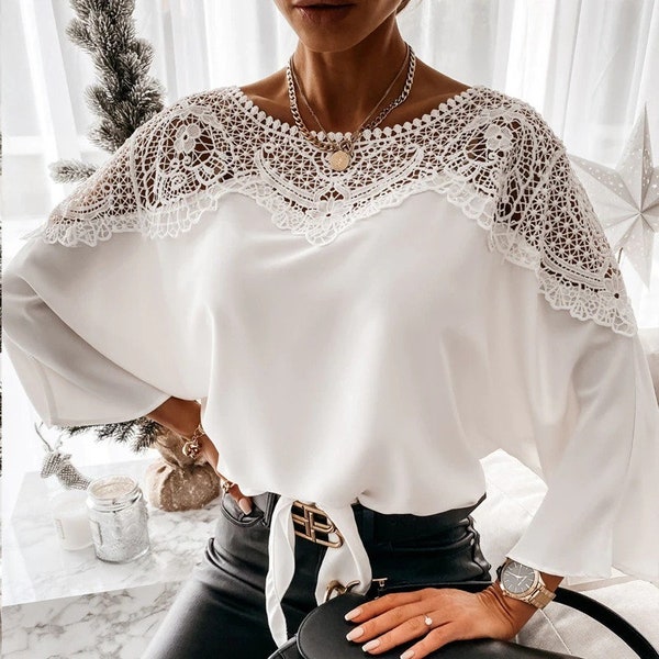 Lace Long Sleeve Blouse Women Shirts Tops White,Black Embroidered Blouse,Front Floral Romantic Blouse,~ Sizes Small to XXL