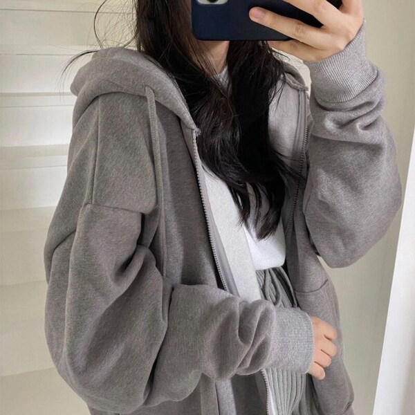 Hooded Sweatshirts Women Winter Solid Zip Up Loose Jacket Coats Vintage Long Sleeve Oversized Hoodies, Casual Winter Warm Fleece