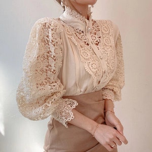 VICTORIAN LACE Top, High Neck BLOUSE, Lace Shirt, Puff Sleeve Top, Lace Embroidered Cotton & Polyester Button Up Full Sleeve Blouse Shirt image 3
