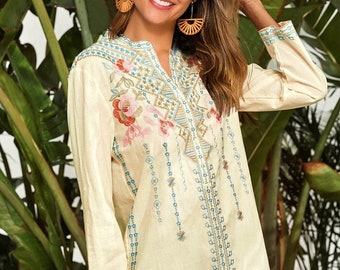Blusa de mujer de manga larga algodón Camisas de bordado floral étnico, Camisas mexicanas de bordado floral vintage, Camisa boho