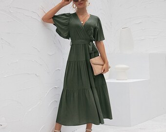 Robe longue en soie, robe d'invitée de mariage, robe longue en soie, robe bohème, robe minimaliste taille haute pleine longueur col V, cadeau pour elle