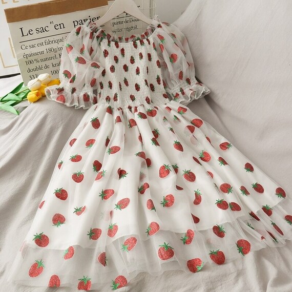 Strawberry Dress Women party Dress Puff Sleeve Princess Women