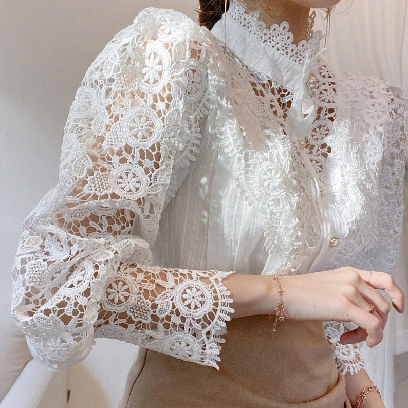 VICTORIAN LACE Top, High Neck BLOUSE, Lace Shirt, Puff Sleeve Top, Lace Embroidered Cotton & Polyester Button Up Full Sleeve Blouse Shirt image 2