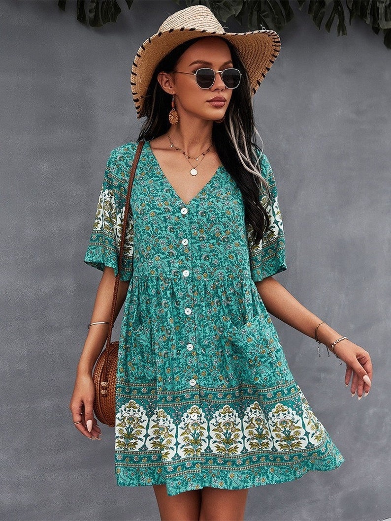 Floral Print Summer Short Dress Women Casual V Neck Bohemian Short Sleeve Dress For Women, Vintage Style, Summer Dress, Tunic Dress,Gift zdjęcie 4