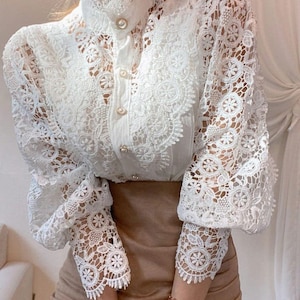 VICTORIAN LACE Top, High Neck BLOUSE, Lace Shirt, Puff Sleeve Top, Lace Embroidered Cotton & Polyester Button Up Full Sleeve Blouse Shirt White
