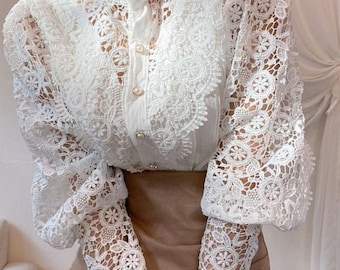 VICTORIAN LACE Top, High Neck BLOUSE, Lace Shirt, Puff Sleeve Top, Lace Embroidered Cotton & Polyester Button Up Full Sleeve Blouse Shirt
