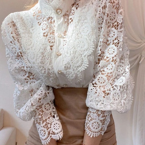 Victorian LACE Top, High Neck BLOUSE, Lace Shirt, Puff Sleeve Top, Dentelle Broded Cotton & Polyester Button Up Full Sleeve Blouse Shirt