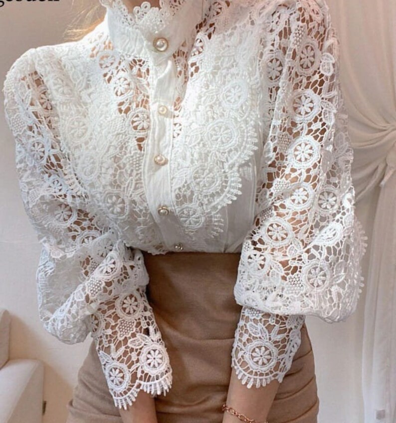 VICTORIAN LACE Top, High Neck BLOUSE, Lace Shirt, Puff Sleeve Top, Lace Embroidered Cotton & Polyester Button Up Full Sleeve Blouse Shirt White