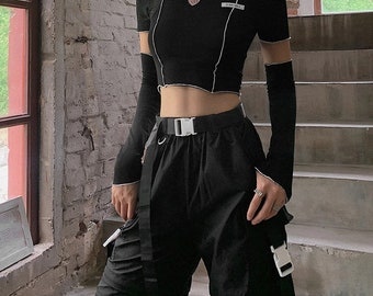 OFF SHOULDER CROP Goth Crop Top Aesthetic Ruffles Workout