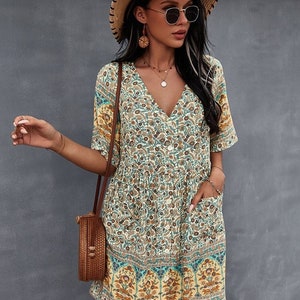 Floral Print Summer Short Dress Women Casual V Neck Bohemian Short Sleeve Dress For Women, Vintage Style, Summer Dress, Tunic Dress,Gift Beż