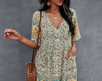 Vestido corto de verano con estampado floral para mujer, vestido casual de manga corta boho con cuello en V para mujer, estilo vintage, vestido de verano, vestido de túnica, regalo