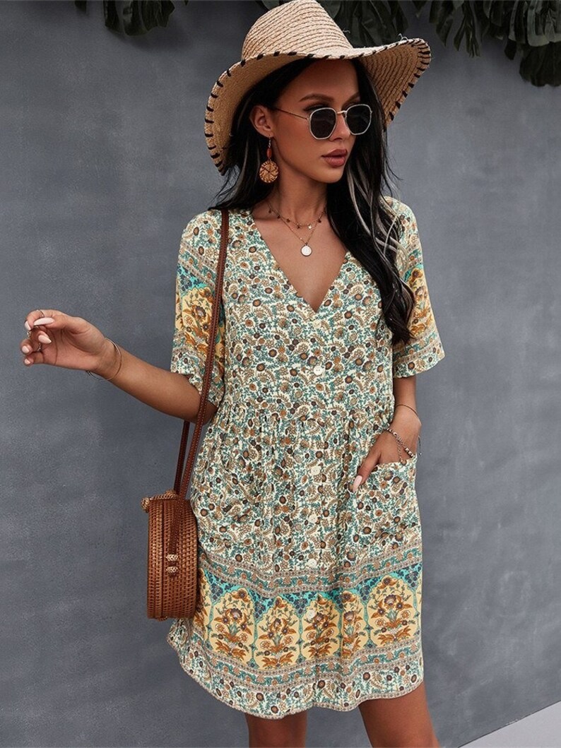 Floral Print Summer Short Dress Women Casual V Neck Bohemian Short Sleeve Dress For Women, Vintage Style, Summer Dress, Tunic Dress,Gift Beż