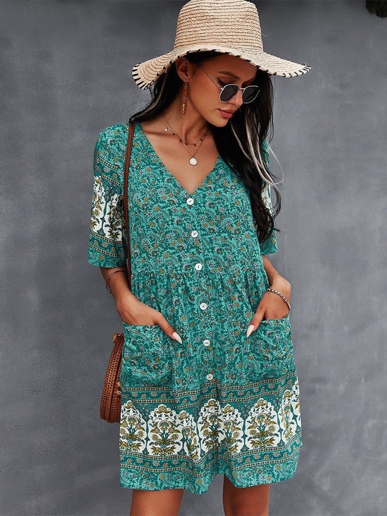 Floral Print Summer Short Dress Women Casual V Neck Bohemian Short Sleeve Dress For Women, Vintage Style, Summer Dress, Tunic Dress,Gift Zielony