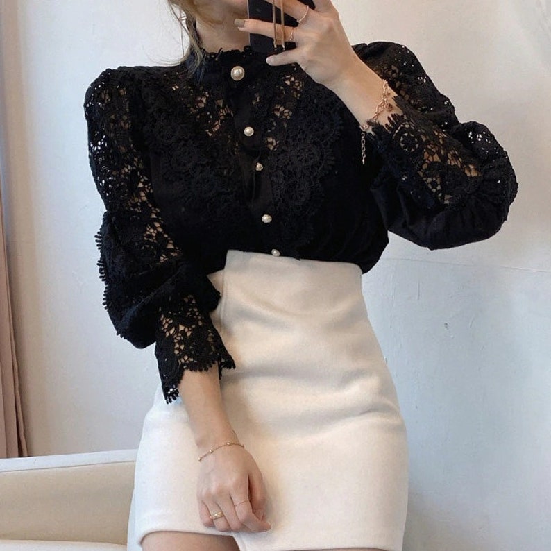 VICTORIAN LACE Top, High Neck BLOUSE, Lace Shirt, Puff Sleeve Top, Lace Embroidered Cotton & Polyester Button Up Full Sleeve Blouse Shirt Black