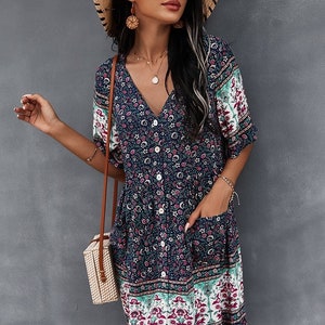 Floral Print Summer Short Dress Women Casual V Neck Bohemian Short Sleeve Dress For Women, Vintage Style, Summer Dress, Tunic Dress,Gift Navy