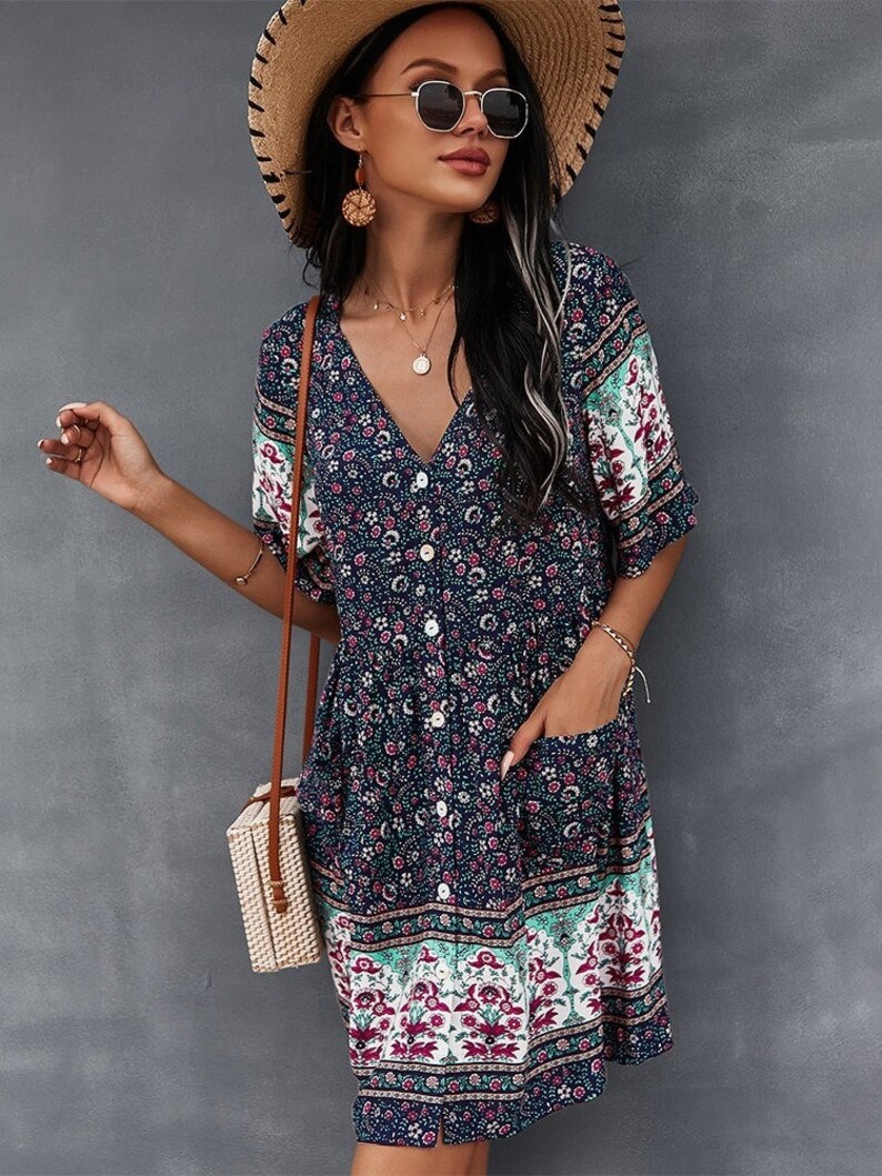 Floral Print Summer Short Dress Women Casual V Neck Bohemian Short Sleeve Dress For Women, Vintage Style, Summer Dress, Tunic Dress,Gift Navy