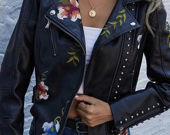 Jacket Floral Print Embroidery Faux Soft Leather Jackets Rivet Silm Coat Casual Moto Black Punk Short Outerwear Female,Wedding gift