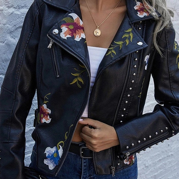 Jacket Floral Print Embroidery Faux Soft Leather Jackets Rivet Silm Coat Casual Moto Black Punk Short Outerwear Female,Wedding gift