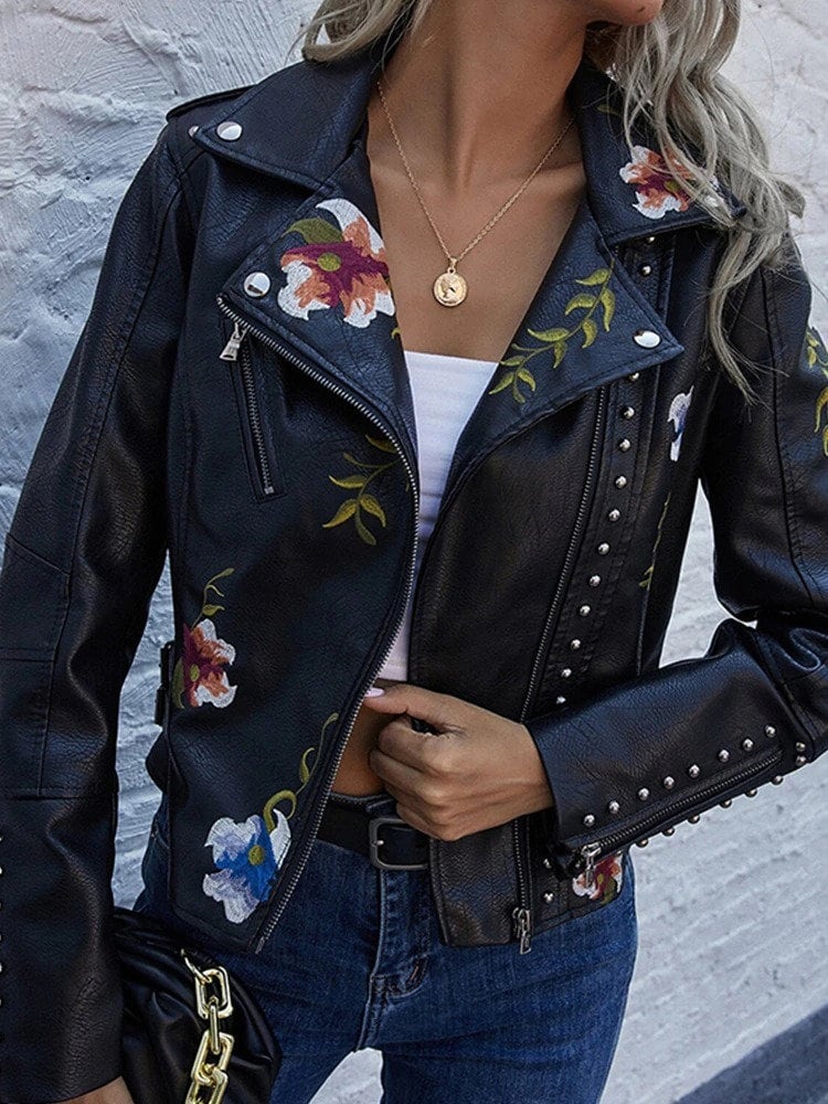 Floral Print Embroidery Biker Style Leather Jacket