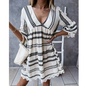 Dresses for Women, A-Line Loose Dress Women Summer V Neck Beach Party Dress Casual Patchwork,Vintage Dress, Boho Dress, Mini Dress