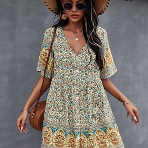 Floral Print Summer Short Dress Women Casual V Neck Bohemian Short Sleeve Dress For Women, Vintage Style, Summer Dress, Tunic Dress,Gift zdjęcie 6