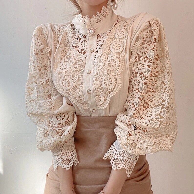 VICTORIAN LACE Top, High Neck BLOUSE, Lace Shirt, Puff Sleeve Top, Lace Embroidered Cotton & Polyester Button Up Full Sleeve Blouse Shirt apricot