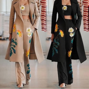 3 Piece Set Women Suit Coat And Wide Led Pants Sets Elegant Long Sleeve Lapel Coat Strapless Top Trousers Sets Femme Outfits Set