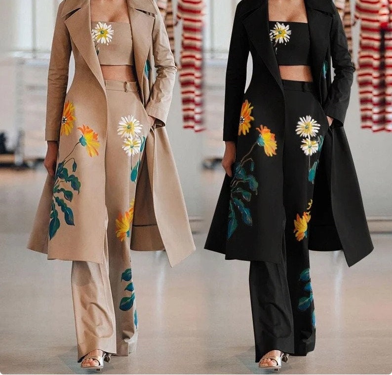 3 Piece Set Women Suit Coat and Wide Led Pants Sets Elegant Long