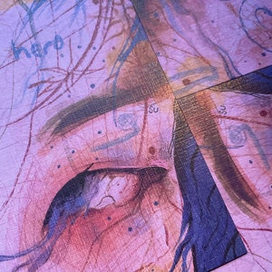 May include: Close-up of a painting with a textured background. The painting features a blue eye with a pink and brown eyelid. The words "anything" and "hard" are visible in the painting.