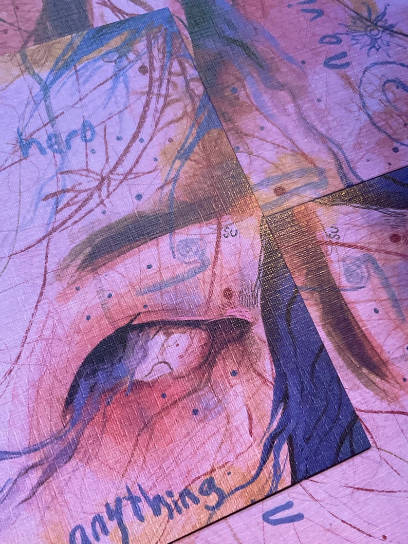 May include: Close-up of a painting with a textured background. The painting features a blue eye with a pink and brown eyelid. The words "anything" and "hard" are visible in the painting.