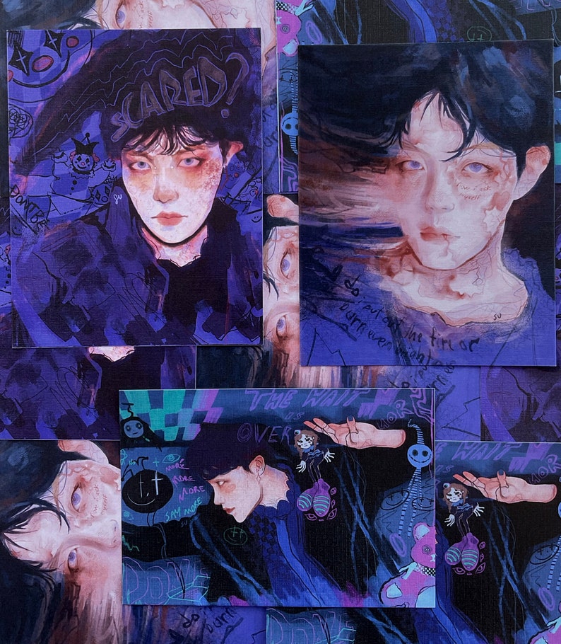 Puede incluir: Un conjunto de cuatro tarjetas ilustradas de color morado y azul con una persona de cabello oscuro en cada tarjeta. El texto en las tarjetas dice "Scared?" y "Do put out the fire or burn the whole night".