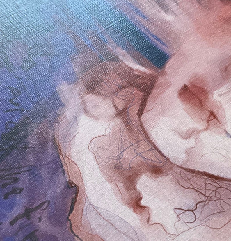 Puede incluir: Primer plano de una pintura que representa un rostro con un enfoque suave y desenfocado. El cabello de la persona es oscuro y el fondo es de color azul claro.