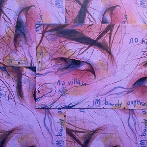 May include: A purple and brown abstract art print with the text "no villain" and "I'm barely anything" written on it. The print has a textured background and a watercolor effect.