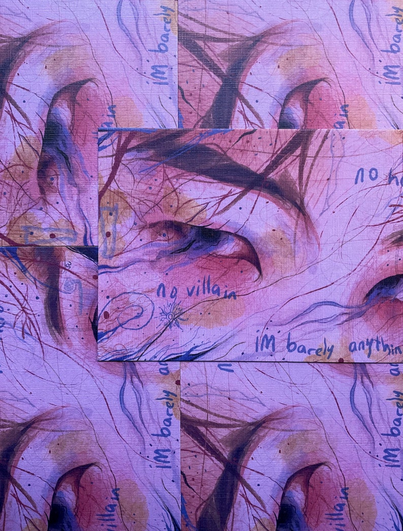May include: A purple and brown abstract art print with the text "no villain" and "I'm barely anything" written on it. The print has a textured background and a watercolor effect.