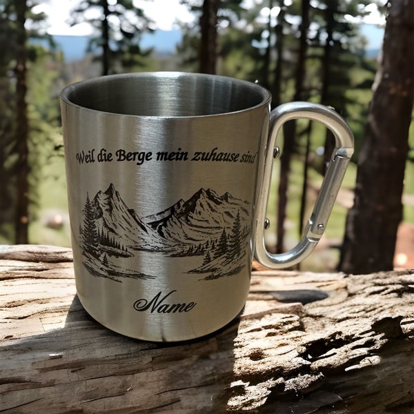 Personalisierbare Tasse aus Edelstahl mit Berg-Motiv, Namensbecher, Geschenk, wandern, Bergsteigen, unzerbrechlich