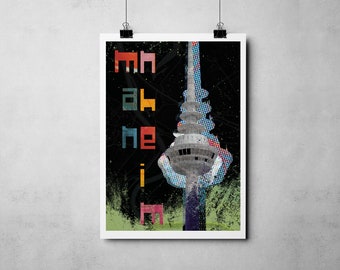 Mannheim Poster Fernmeldeturm Retro, Digitaldruck Bilderdruck