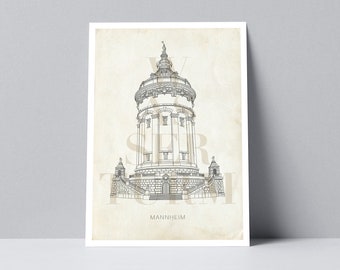 Mannheimer Wasserturm, Postkarte Illustration
