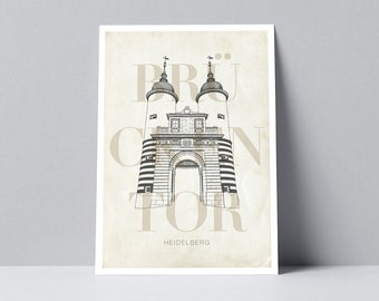 Heidelberg Brückentor, Postkarte Illustration