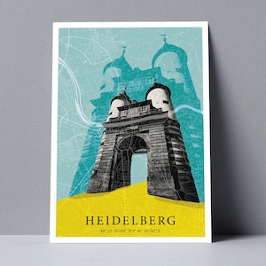 Heidelberg mit Brückentor und Stadtplan, Postkarte