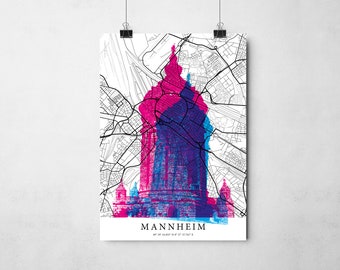 Mannheim mit Wasserturm und Stadtplan 50x70 cm, Digitaldruck