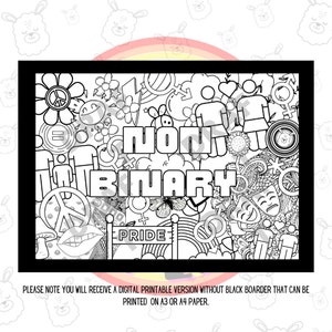 May include: A black and white coloring page with a rainbow at the top and the words "non binary" in the center. The page is filled with various symbols and images related to gender identity and pride, including peace signs, flowers, hearts, and butterflies.