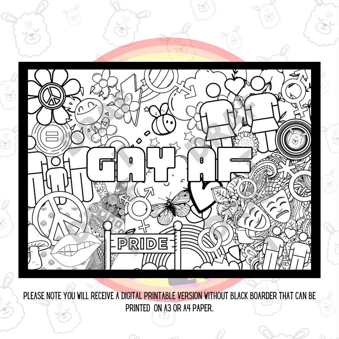 Gay AF, LGBTQIA A3 Printable Colouring Page, Coloring Page, Pride