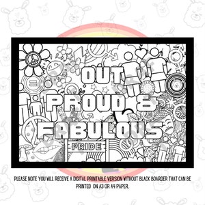 May include: Black and white coloring page featuring a pride flag with the words "OUT PROUD & FABULOUS" and the word "PRIDE" in a banner. The page is filled with various symbols and designs related to the LGBTQ+ community.
