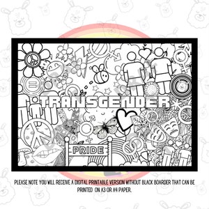 May include: Black and white coloring page with a variety of symbols and illustrations related to transgender pride. The page includes the word "TRANSGENDER" and the word "PRIDE" in a banner.