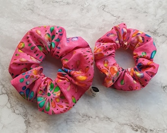 Hot Pink Hair Scrunchies, Cotton, 2 Sizes, Handmade, Hair Tie Accessory