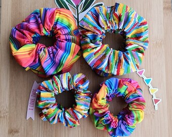 Rainbow Stripes Cotton Scrunchies - 2 Sizes, Multicoloured Stripes, Handmade, Hair Tie Accessory