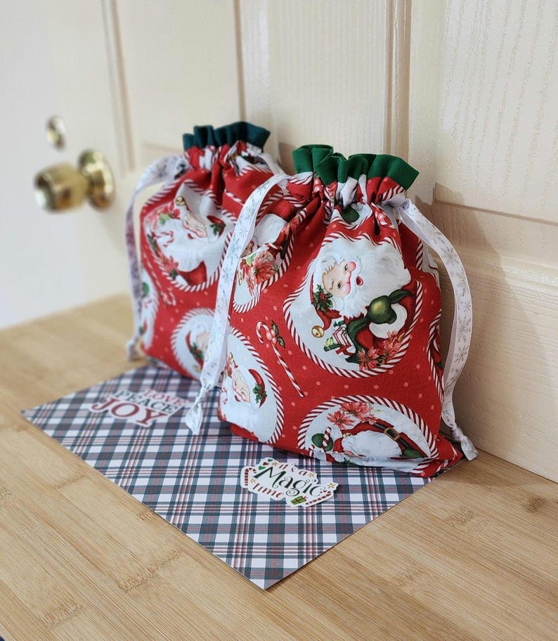 Christmas Drawstring Bags in Santa Claus & Candy Canes Pattern, Medium