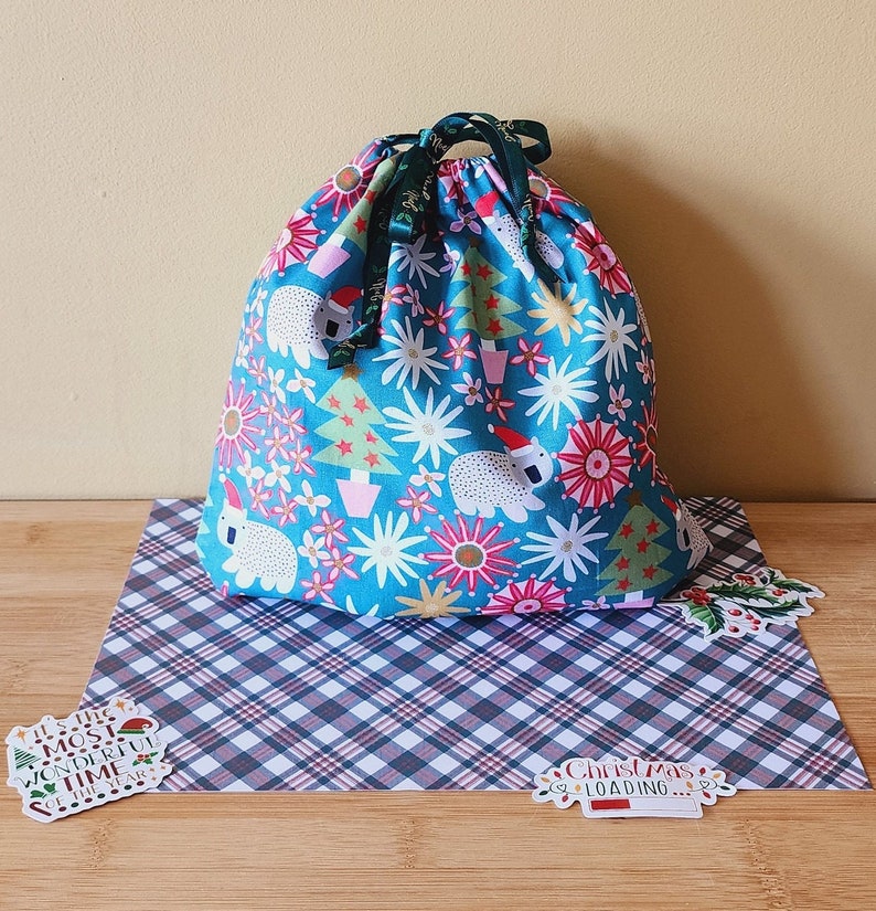 Drawstring Gift Bags in Christmas Candies, Koalas & Flowers Patterns