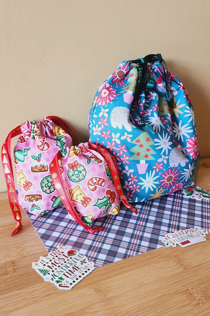 Drawstring Gift Bags in Christmas Candies, Koalas & Flowers Patterns