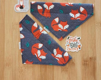 Over The Collar Cat Bandana - Fox Print in Grey, Polycotton, Pet Scarf Accessory, Handmade